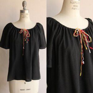 Vintage 1970s 1980s Blouse, Black Peasant Shirt, Keyhole Neck with Multicolor